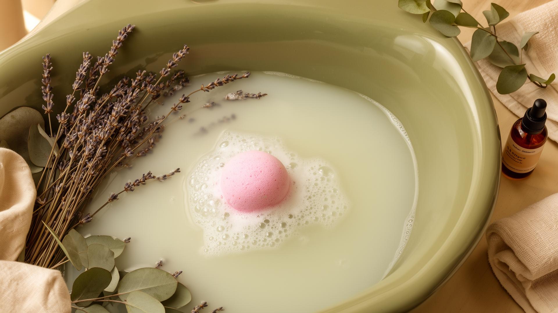 Pastel pink CBD bath bomb dissolving in a sage bathtub with lavender and eucalyptus for relaxation