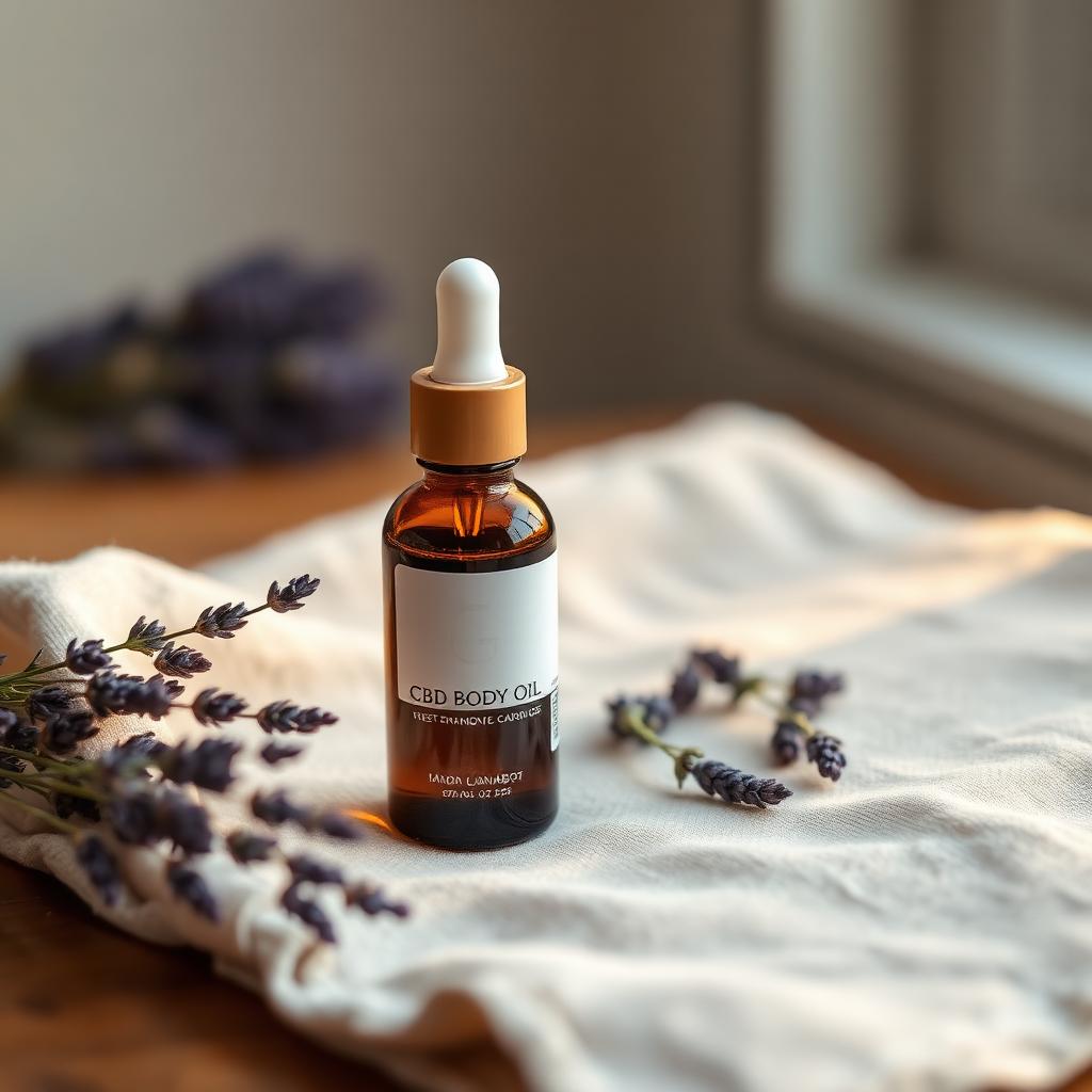 Amber glass dropper bottle of CBD body oil with dried lavender on linen