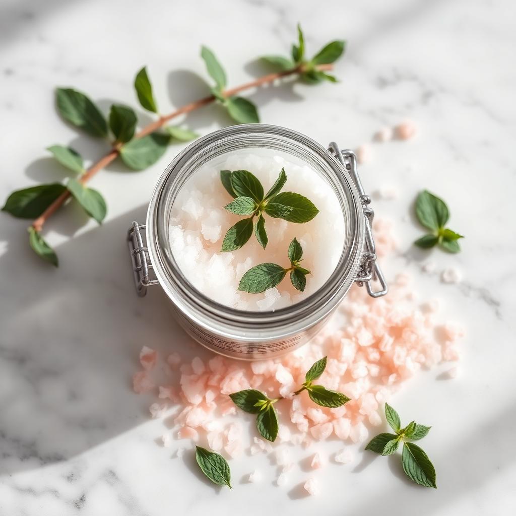 Open jar of eucalyptus mint CBD bath salts with fresh mint on marble